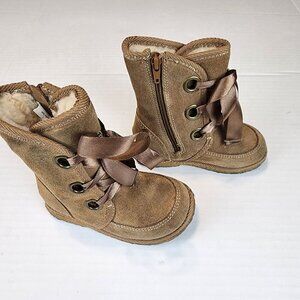 Pediped Suede Leather Fur Boots 23 / 7  Ribbon lace Brown